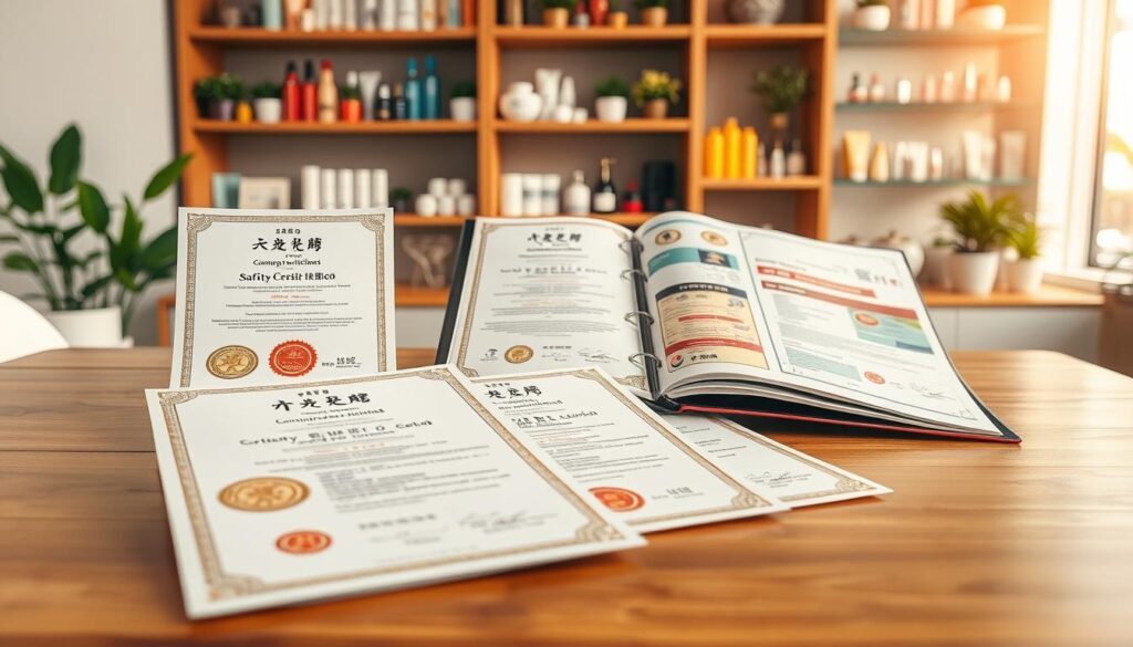 A beautifully arranged display of cosmetic quality certificates on a sleek wooden table, emphasizing the importance of safety and certification in beauty products. In the foreground, bright, detailed certificates featuring gold seals and intricate designs signify high quality. In the middle ground, an elegant, open binder showcases various certification documents and colorful product labels reflecting Chinese cosmetics. The background includes softly blurred shelves filled with cosmetic products and plants, creating a serene, professional aesthetic. Warm, natural lighting filters in, enhancing the appealing texture of the paper and the richness of the product colors. The image conveys trust, safety, and professionalism, creating a sense of thoughtful analysis and care.