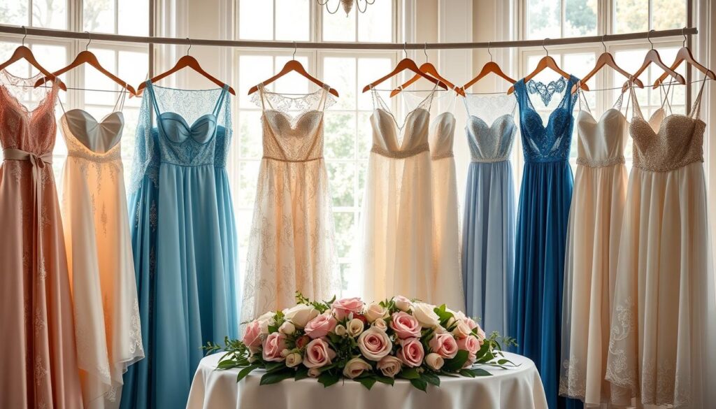 A beautifully arranged display of elegant wedding dresses suitable for a son's wedding. In the foreground, a variety of dresses hang gracefully on ornate wooden hangers, showcasing rich fabrics like satin, lace, and chiffon in colors such as soft pastels, vibrant blues, and classic whites. Each dress features unique details like intricate lace patterns and delicate embellishments. In the middle ground, a table adorned with floral centerpieces complements the dresses, featuring fresh roses and greenery. The background showcases a softly lit room with large windows filtering in warm, natural light, creating an inviting atmosphere filled with anticipation and joy. The overall mood is elegant and uplifting, perfect for illustrating stylish inspirations for wedding outfits.