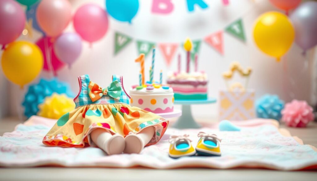 A beautifully styled children's birthday outfit display featuring vibrant colors and textures. In the foreground, a charming baby outfit designed for a one-year-old sits on a soft pastel blanket, showcasing a colorful party dress adorned with playful patterns, paired with coordinating accessories like a tiny bow tie and playful shoes. In the middle, a whimsical cake with colorful frosting and decorations complements the outfit, symbolizing celebration. The background features a softly blurred scene of a cheerful birthday party, with balloons and decorations in bright hues of pink, blue, and yellow. The lighting is bright and cheerful, creating a warm, inviting atmosphere. The angle captures the outfit and surroundings at a slightly elevated view, highlighting the festive mood of a child's birthday celebration.