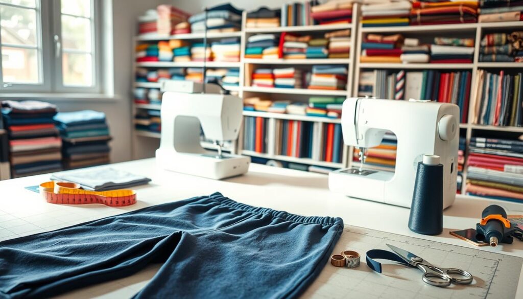 A bright, well-lit sewing workspace filled with an array of sewing tools and materials for preparing pants. In the foreground, a pair of navy blue sweatpants sits on a cutting mat, with measuring tape, fabric scissors, and pins arranged neatly beside them. In the middle ground, a sewing machine is positioned with a spool of matching thread ready to go, and various fabric swatches laid out for selection. The background features a wall with organized shelves holding a colorful assortment of fabrics and sewing supplies. Soft, natural light streams in through a window, creating a warm and inviting atmosphere. The scene conveys a sense of focus and creativity, perfect for the preparation process before tailoring sweatpants. A bright, well-lit sewing workspace filled with an array of sewing tools and materials for preparing pants. In the foreground, a pair of navy blue sweatpants sits on a cutting mat, with measuring tape, fabric scissors, and pins arranged neatly beside them. In the middle ground, a sewing machine is positioned with a spool of matching thread ready to go, and various fabric swatches laid out for selection. The background features a wall with organized shelves holding a colorful assortment of fabrics and sewing supplies. Soft, natural light streams in through a window, creating a warm and inviting atmosphere. The scene conveys a sense of focus and creativity, perfect for the preparation process before tailoring sweatpants.