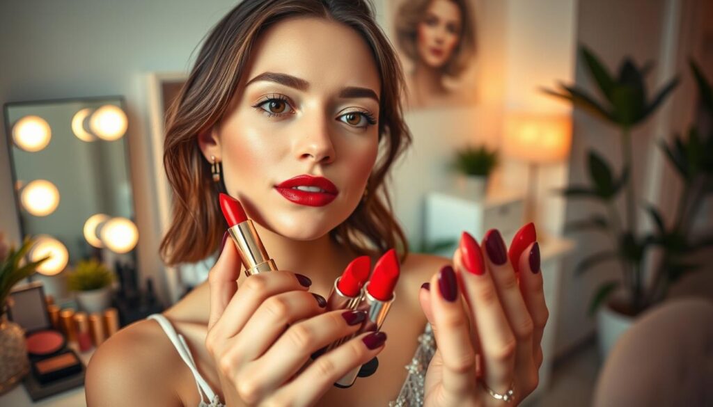 A chic beauty scene capturing the essence of selecting the perfect lipstick for different skin tones, focusing on a woman with brunette hair. In the foreground, she is holding a selection of red lipsticks against her cheek, thoughtfully analyzing their shades. The middle ground features a well-organized vanity table with beauty products, mirrors, and soft lighting reflecting elegance. The background shows a warm, inviting room decorated with soft pastel colors and plants, creating a serene atmosphere. The lighting is soft and diffused, enhancing her features and the richness of the lipstick colors. Angle the shot slightly from above to capture both her expression and the lipstick shades, evoking a mood of sophistication and self-care. The overall vibe is stylish and modern, perfect for beauty enthusiasts.