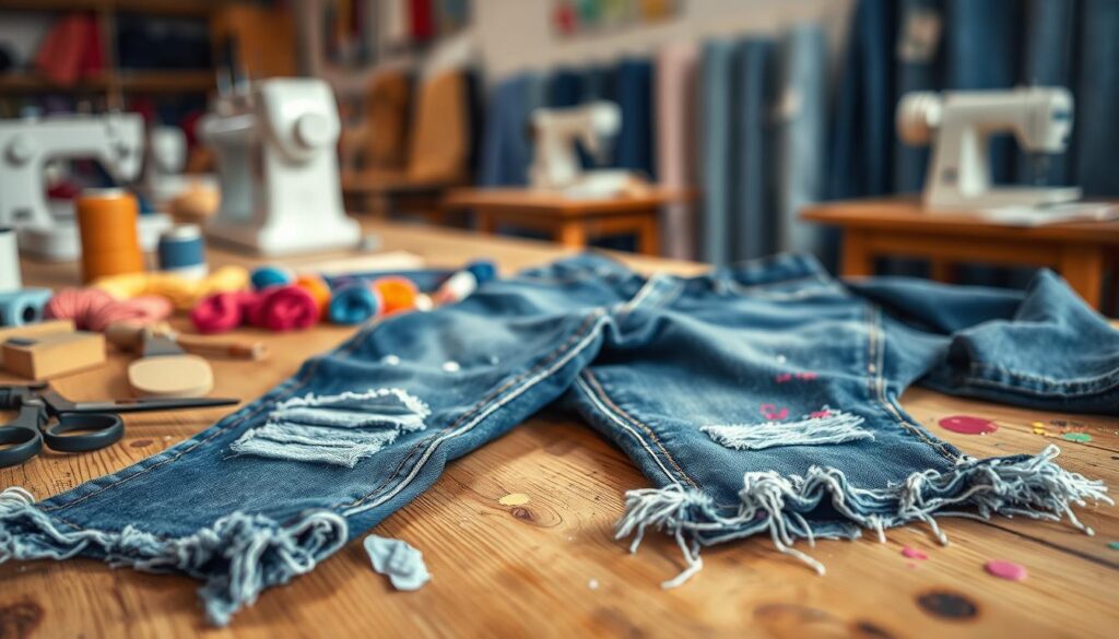 A close-up image showcasing various techniques of distressing denim jeans, including fraying, ripping, and fading. In the foreground, highlight a pair of jeans laid flat on a wooden workbench, with tools such as scissors, sandpaper, and a seam ripper arranged around them. In the middle ground, display vibrant threads and fabric paint splatters to emphasize creativity and individuality. The background should feature soft-focused sewing machines and denim fabric rolls, creating a workshop atmosphere. Use warm, natural lighting to evoke a cozy, creative vibe, with a slight lens blur that draws attention to the jeans and techniques. The overall mood should inspire DIY fashion enthusiasts looking to transform their denim.