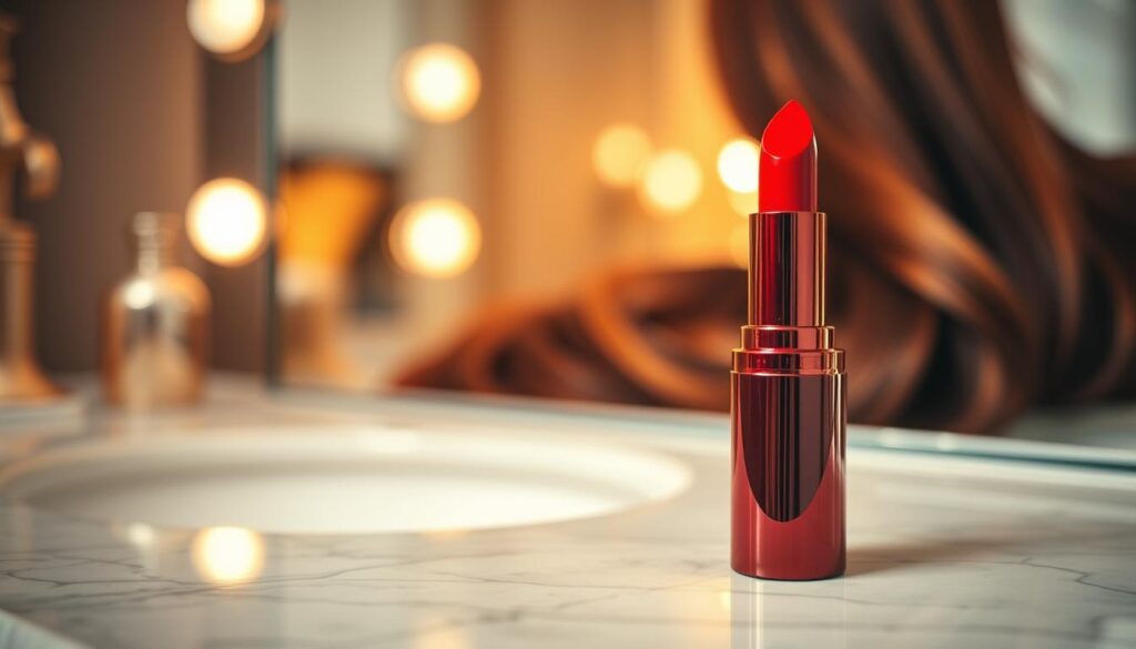 A close-up view of a beauty product display featuring a bold red lipstick intended for brunettes. The foreground highlights a luxurious, glossy red lipstick tube sitting elegantly on a marble vanity. In the middle ground, a rich, deep brown hair color is showcased through soft-focus strands, hinting at the intended audience. The background features a softly blurred mirror reflecting warm, ambient lighting, creating an inviting atmosphere. The scene captures a feeling of sophistication and elegance, with an emphasis on beauty and confidence. The lighting is soft and flattering, enhancing the vibrant red of the lipstick and the shiny surface of the vanity. The entire composition evokes a sense of allure and empowerment, making it perfect for showcasing red lipstick for brunettes.