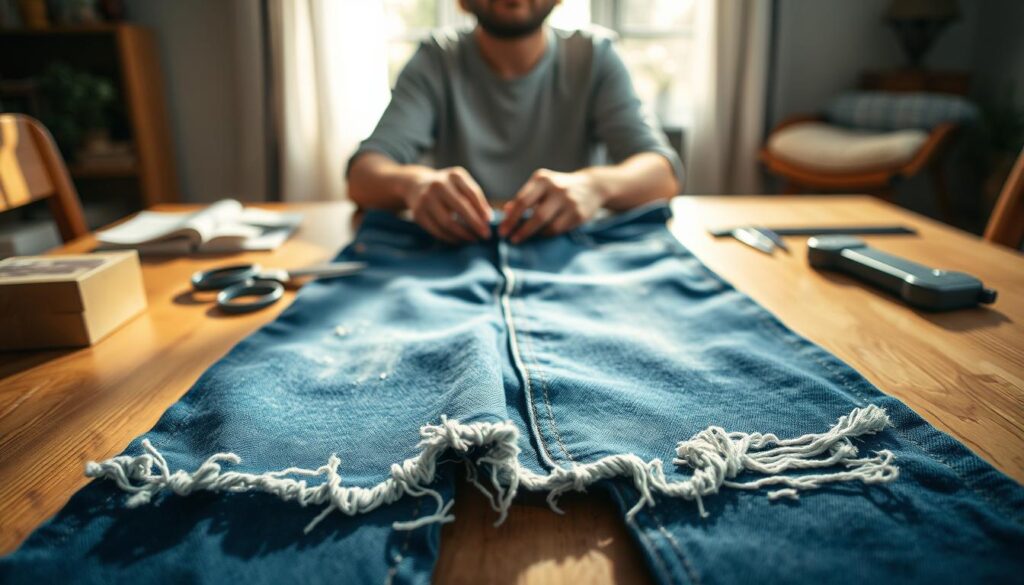 A close-up view of a person preparing blue jeans for fraying. The person, wearing casual clothing, is sitting at a well-lit wooden table with various tools and materials around them. On the table, there are scissors, sandpaper, and a ruler, with a pair of jeans laid out in front. The focus is on the denim fabric, showing detailed textures and areas being frayed; threads unraveling and distressed portions for an authentic look. Soft natural light streams in from a nearby window, casting gentle shadows, creating a cozy and focused atmosphere. The background is a blurred, warmly decorated room, emphasizing the act of customization. The image captures the essence of creativity and hands-on craftsmanship in denim preparation.