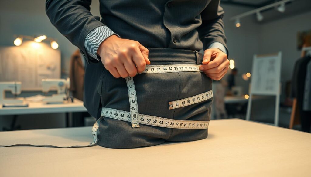 A close-up view of a tailor measuring the waist height of a pair of tailored trousers on a measuring table. The focus is on a flexible measuring tape stretching from the waistband to the top of the thigh, with crisp details showcasing the fabric texture and measurement markings. In the background, a professional sewing studio is softly lit with warm, inviting lights, highlighting sewing tools and patterns on a design board. The atmosphere is focused and precise, reflecting the meticulous nature of garment fitting. The tailor, wearing smart casual attire, is captured mid-action, emphasizing the importance of accurate measurements in fashion design while maintaining a professional vibe. The image should not contain any text or extra elements, ensuring a clean presentation.