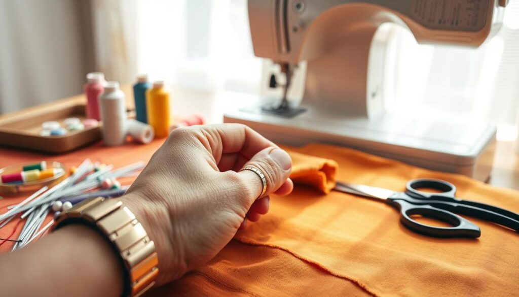 A close-up view of a well-organized sewing workspace, with essential tools for attaching a button. In the foreground, a set of sewing needles, colorful threads, and a pair of scissors are neatly arranged on a vibrant fabric. In the middle ground, a hand is holding a button near a piece of fabric, demonstrating the preparation for sewing; the hand is wearing a modest wristwatch, showcasing focus and readiness. In the background, soft natural light filters through a window, casting gentle shadows and creating a warm, inviting atmosphere. The sewing machine, slightly blurred, suggests an active crafting environment, emphasizing a casual yet productive mood.
