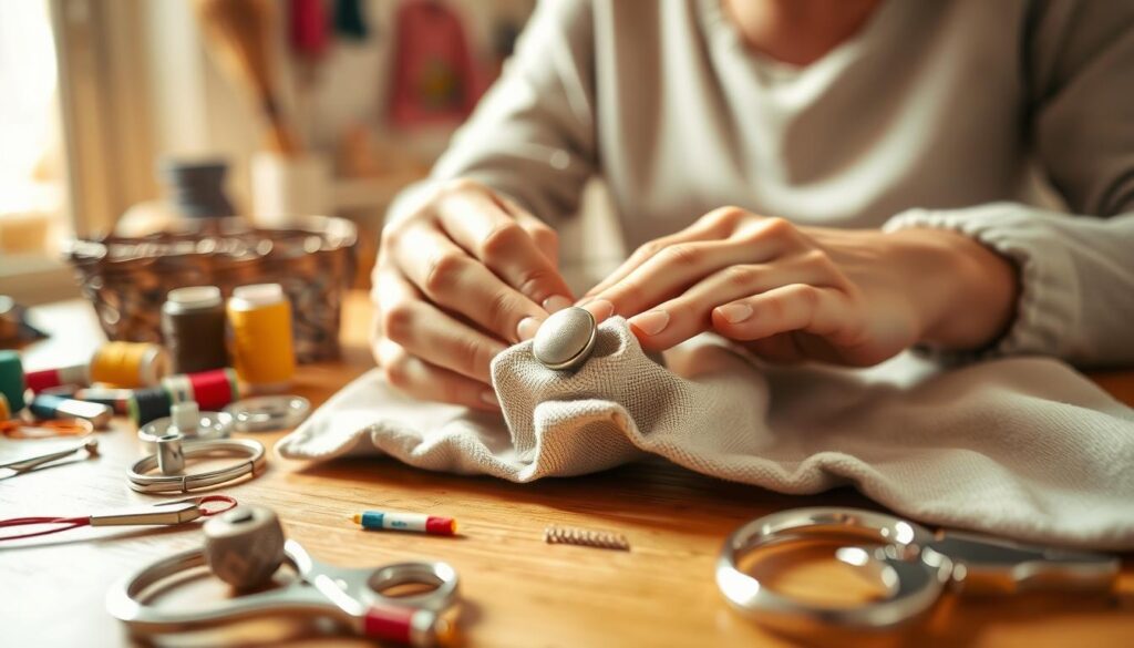 A close-up view of hands skillfully sewing a button onto a piece of fabric, showcasing various sewing techniques. The foreground features a neatly arranged sewing kit with colorful threads, scissors, and a thimble, scattered around. In the middle ground, a well-lit wooden table highlights the fabric with a clearly visible button being stitched. The background is softly blurred, depicting a cozy sewing room with warm light streaming through a window, adding a welcoming ambiance. The scene conveys a sense of craftsmanship and attention to detail, focused on the art of sewing. The lighting is bright and natural, creating a cheerful and productive atmosphere, while a shallow depth of field emphasizes the hands and the sewing process.