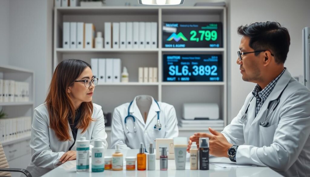 A contemporary dermatologist and a cosmetic specialist are engaged in a discussion about skincare under bright, soft lighting in a well-equipped clinical office. The foreground features the two experts—one woman and one man—both dressed in professional white lab coats. The woman has shoulder-length brown hair, and the man sports short black hair, both wearing glasses. In the middle, a table is filled with various skincare products, emphasizing research and analysis. The background shows shelves of medical texts and a digital display of skin health statistics. The mood is serious yet collaborative, conveying a professional atmosphere of trust and expertise. The scene is captured from a slightly elevated angle to showcase the interaction and the workspace effectively.