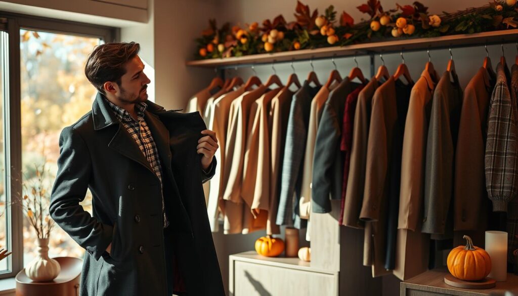 A cozy autumn scene showcasing a fashionable individual selecting a stylish coat for All Saints' Day. In the foreground, a well-dressed person stands in a softly lit boutique, holding up a classic black trench coat, examining it with a contemplative expression. The middle ground features a variety of outerwear on elegant hangers, with earthy tones and textures reflecting the autumn theme, while a few decorative pumpkins and candles add warmth. In the background, a window reveals a colorful fall landscape with fallen leaves, hinting at the season's chill. The lighting is warm and inviting, creating a serene atmosphere, and the angle is slightly angled to capture the person's thoughtful process in choosing the ideal attire.