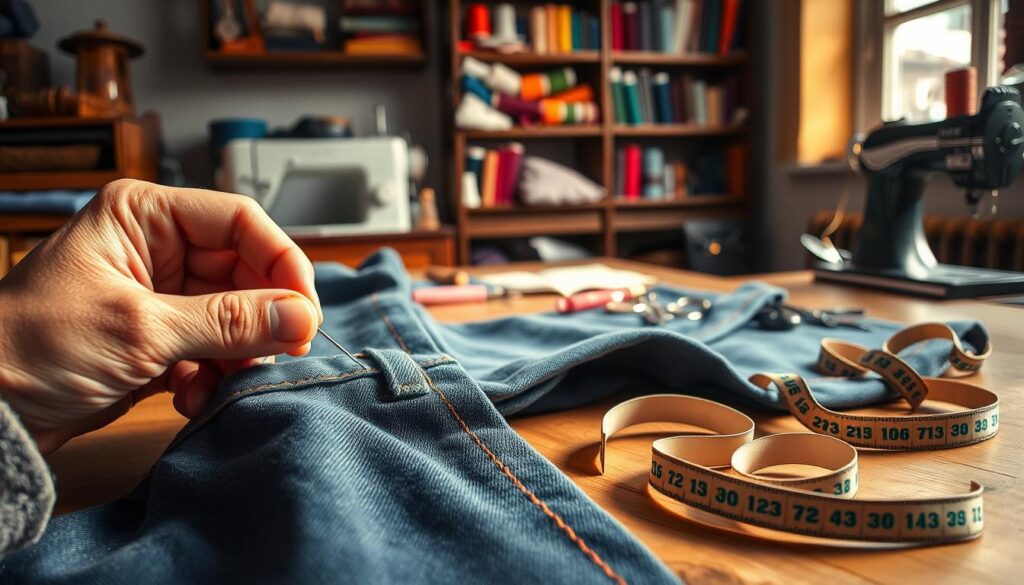A cozy, well-lit workspace showcasing the craft of hand-sewing pants. In the foreground, a skilled hand delicately pushes a needle through a pair of blue denim trousers, showcasing the intricate stitches as the thread glimmers under warm light. In the middle, a vibrant array of sewing tools, including scissors, pins, and a thimble, lies neatly arranged on a wooden table, with a soft fabric tape measure coiled nearby. The background features a rustic shelving unit displaying colorful spools of thread and a sewing machine, bathed in gentle sunlight filtering through a window, creating a welcoming atmosphere. The scene emphasizes a sense of craftsmanship and tranquility, inviting viewers into the art of tailoring. A cozy, well-lit workspace showcasing the craft of hand-sewing pants. In the foreground, a skilled hand delicately pushes a needle through a pair of blue denim trousers, showcasing the intricate stitches as the thread glimmers under warm light. In the middle, a vibrant array of sewing tools, including scissors, pins, and a thimble, lies neatly arranged on a wooden table, with a soft fabric tape measure coiled nearby. The background features a rustic shelving unit displaying colorful spools of thread and a sewing machine, bathed in gentle sunlight filtering through a window, creating a welcoming atmosphere. The scene emphasizes a sense of craftsmanship and tranquility, inviting viewers into the art of tailoring.