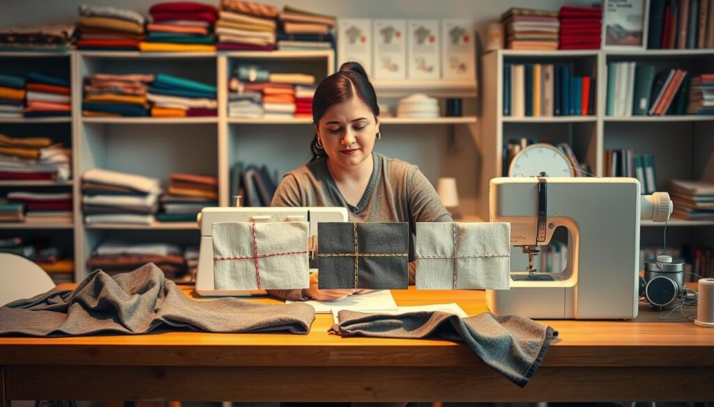 A detailed sewing workbench set in a well-lit room, with a variety of sewing techniques for pants showcased. In the foreground, a skilled seamstress in modest casual attire is demonstrating the process of sewing pants, surrounded by fabric cutouts, sewing tools, and a sewing machine. The middle area features a close-up of different stitching techniques like straight stitch, zigzag, and overlock, displayed on sample fabric swatches. The background showcases shelves filled with colorful fabrics, spools of thread, and sewing manuals, adding depth. The lighting is warm and inviting, casting soft shadows, creating a cozy and productive atmosphere. The angle captures both the intricacy of the sewing process and the organized workspace, inspiring creativity and craftsmanship. A detailed sewing workbench set in a well-lit room, with a variety of sewing techniques for pants showcased. In the foreground, a skilled seamstress in modest casual attire is demonstrating the process of sewing pants, surrounded by fabric cutouts, sewing tools, and a sewing machine. The middle area features a close-up of different stitching techniques like straight stitch, zigzag, and overlock, displayed on sample fabric swatches. The background showcases shelves filled with colorful fabrics, spools of thread, and sewing manuals, adding depth. The lighting is warm and inviting, casting soft shadows, creating a cozy and productive atmosphere. The angle captures both the intricacy of the sewing process and the organized workspace, inspiring creativity and craftsmanship.