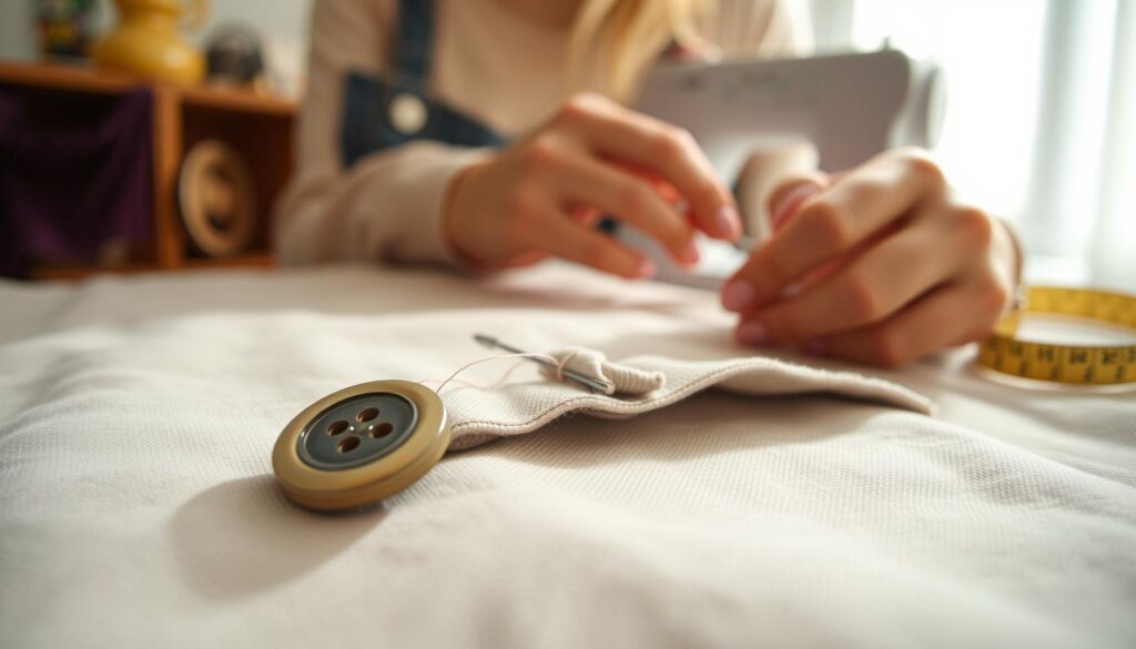 A detailed step-by-step illustration of sewing a button, depicting a clear instructional guide. In the foreground, a close-up view of a fabric surface with a needle, thread, and button ready for sewing, highlighting the needle threading through fabric. In the middle ground, hands wearing modest casual attire demonstrate the sewing technique, showcasing careful movements and focus. The background features a softly blurred sewing kit and measuring tape, subtly indicating the crafting environment. The scene is well-lit with natural daylight, creating a warm and inviting atmosphere. Capture the mood of craftsmanship and learning, as viewers should feel inspired to master this practical skill.