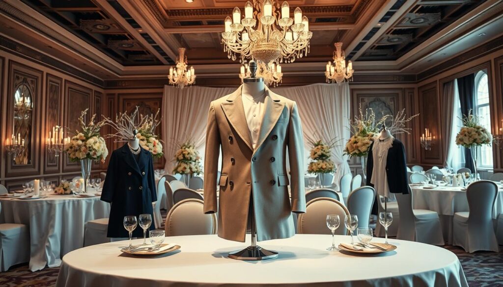 A luxurious, elegant setting featuring a beautifully arranged table with a variety of stylish wedding outerwear options displayed prominently in the foreground. Include a mannequin showcasing a stunning, tasteful formal coat that complements the theme of a wedding. Surrounding the table, tasteful decorations such as floral arrangements and soft fabric draping create a romantic atmosphere. In the background, a softly lit, opulent banquet hall setting adds depth, with chandeliers casting a warm glow. Use bright, natural lighting to enhance the elegance of the scene, aiming for a warm and inviting mood that conveys sophistication and style. The camera should be at eye level to capture the details of the attire and the ambiance effectively.