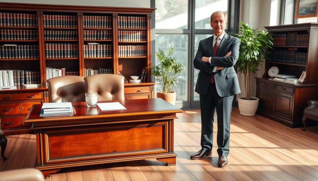 A professional and inviting office setting for a notary public, featuring a clean wooden desk with legal documents neatly arranged. In the foreground, a well-dressed individual, a middle-aged person, wearing a tailored dark suit and polished shoes, stands confidently, arms crossed, exuding professionalism. In the middle ground, a classic bookshelf filled with legal texts and reference materials, along with a potted plant for a touch of warmth. The background shows a large window with soft, natural light streaming in, creating a bright atmosphere. The overall mood is serious yet approachable, signaling the importance of proper attire when visiting a notary. The image should have a polished, professional look, with a slightly blurred focus for a depth-of-field effect. A professional and inviting office setting for a notary public, featuring a clean wooden desk with legal documents neatly arranged. In the foreground, a well-dressed individual, a middle-aged person, wearing a tailored dark suit and polished shoes, stands confidently, arms crossed, exuding professionalism. In the middle ground, a classic bookshelf filled with legal texts and reference materials, along with a potted plant for a touch of warmth. The background shows a large window with soft, natural light streaming in, creating a bright atmosphere. The overall mood is serious yet approachable, signaling the importance of proper attire when visiting a notary. The image should have a polished, professional look, with a slightly blurred focus for a depth-of-field effect.