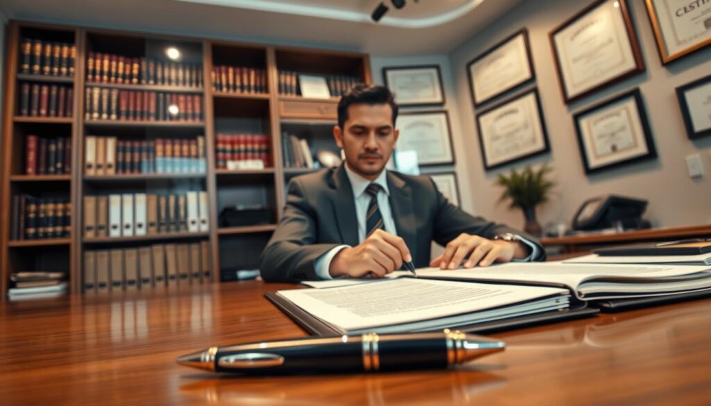 A professional setting inside a modern notary office, featuring a well-dressed notary in formal business attire, such as a tailored suit, sitting at a sleek wooden desk. The notary is reviewing documents with a serious expression, embodying professionalism and trust. In the foreground, a polished pen and a folder filled with important documents rest on the desk. The middle ground showcases a bookshelf filled with legal books and certificates hanging elegantly on the walls. Soft, warm lighting casts a welcoming glow throughout the space, enhancing a sense of seriousness and respect. The angle is slightly tilted downwards, capturing the details of the attire and the office environment. The overall mood is one of professionalism, confidence, and the importance of proper attire when visiting a notary. A professional setting inside a modern notary office, featuring a well-dressed notary in formal business attire, such as a tailored suit, sitting at a sleek wooden desk. The notary is reviewing documents with a serious expression, embodying professionalism and trust. In the foreground, a polished pen and a folder filled with important documents rest on the desk. The middle ground showcases a bookshelf filled with legal books and certificates hanging elegantly on the walls. Soft, warm lighting casts a welcoming glow throughout the space, enhancing a sense of seriousness and respect. The angle is slightly tilted downwards, capturing the details of the attire and the office environment. The overall mood is one of professionalism, confidence, and the importance of proper attire when visiting a notary.