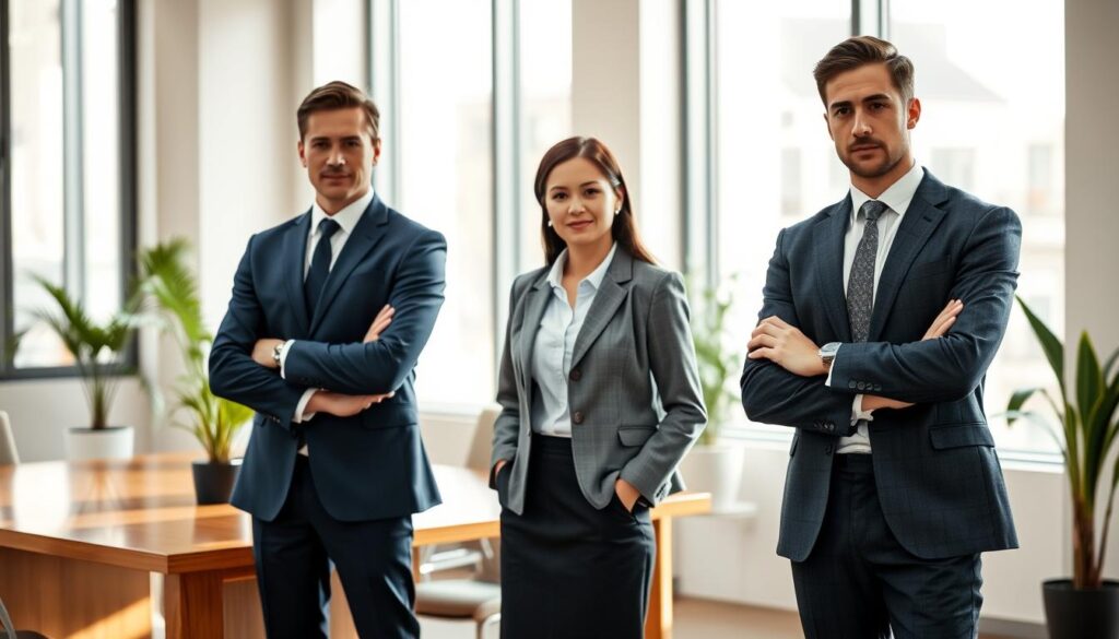 A professional setting showcasing men and women in business attire. In the foreground, a male figure wearing a tailored navy suit and a crisp white shirt with a classic tie, standing confidently with folded arms. Next to him, a female figure in a stylish gray blazer and matching skirt, complemented by a smart blouse, exuding professionalism. In the middle ground, a modern office environment with a polished wooden desk and potted plants, conveying a sense of sophistication. Soft, natural lighting coming from large windows, casting gentle shadows. The mood is focused and attentive, highlighting the importance of appropriate dress codes. No text or branding elements present, ensuring a clean and professional image. A professional setting showcasing men and women in business attire. In the foreground, a male figure wearing a tailored navy suit and a crisp white shirt with a classic tie, standing confidently with folded arms. Next to him, a female figure in a stylish gray blazer and matching skirt, complemented by a smart blouse, exuding professionalism. In the middle ground, a modern office environment with a polished wooden desk and potted plants, conveying a sense of sophistication. Soft, natural lighting coming from large windows, casting gentle shadows. The mood is focused and attentive, highlighting the importance of appropriate dress codes. No text or branding elements present, ensuring a clean and professional image.