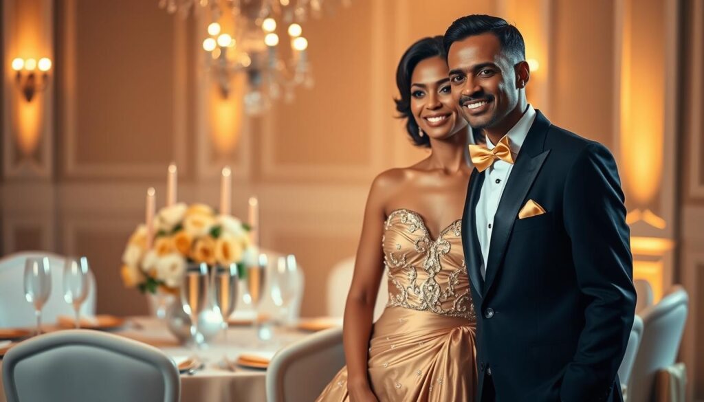 A sophisticated celebration scene for a 50th wedding anniversary, featuring a well-dressed couple in the foreground. The woman is wearing an elegant gold gown with subtle embellishments, while the man is in a tailored black tuxedo with a gold bow tie. In the middle ground, add a beautifully decorated table set with gold and white tableware, sparkling champagne flutes, and a stunning floral centerpiece with golden roses. The background showcases soft, warm lighting that creates a romantic atmosphere, enhancing the gold theme. Use a shallow depth of field to keep the couple in sharp focus while gently blurring the background elements. Capture the scene from a slightly elevated angle, creating an inviting and celebratory mood, ideal for an elegant milestone event. A sophisticated celebration scene for a 50th wedding anniversary, featuring a well-dressed couple in the foreground. The woman is wearing an elegant gold gown with subtle embellishments, while the man is in a tailored black tuxedo with a gold bow tie. In the middle ground, add a beautifully decorated table set with gold and white tableware, sparkling champagne flutes, and a stunning floral centerpiece with golden roses. The background showcases soft, warm lighting that creates a romantic atmosphere, enhancing the gold theme. Use a shallow depth of field to keep the couple in sharp focus while gently blurring the background elements. Capture the scene from a slightly elevated angle, creating an inviting and celebratory mood, ideal for an elegant milestone event.