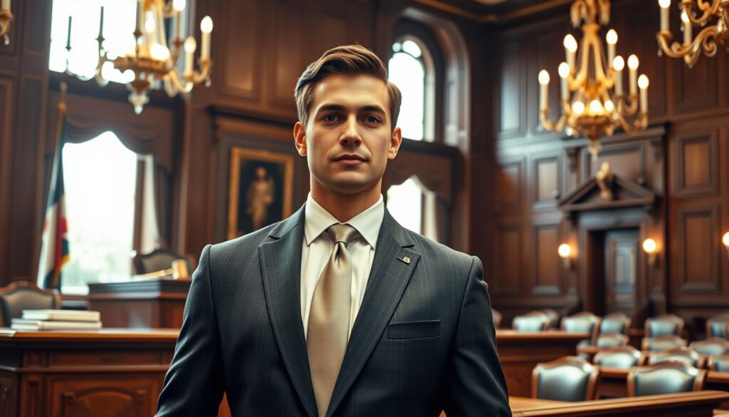 A sophisticated courtroom scene featuring a well-dressed individual in formal attire, embodying elegance and professionalism. In the foreground, a person wearing a tailored dark gray suit with a crisp white shirt and a silk tie stands confidently, their expression calm and composed. The middle background showcases a wooden judge's bench adorned with legal books and a gavel, while the lighting casts a warm glow, enhancing the seriousness of the environment. Soft natural light pours through large windows, illuminating the ornate details of the courtroom decor, such as dark wood paneling and grand chandeliers. The overall mood conveys respect and dignity, emphasizing the importance of dressing appropriately for court proceedings.