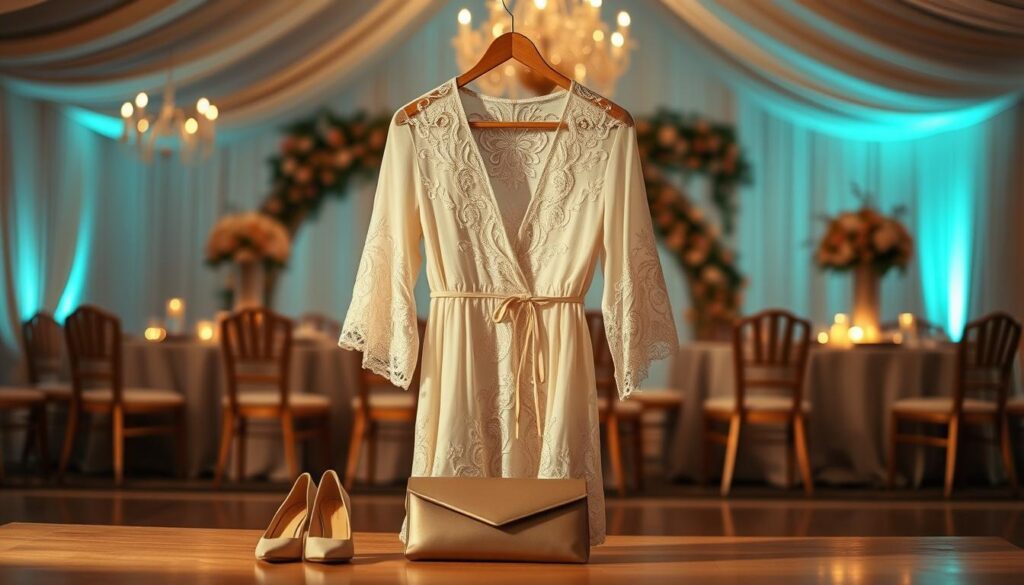 A sophisticated, elegant wedding cover-up displayed on a wooden hanger against a softly blurred backdrop of a beautifully decorated wedding venue. The cover-up features intricate lace detailing and delicate floral embellishments in soft pastel shades, embodying both style and sophistication. In the foreground, a pair of classy heels and a tasteful clutch bag provide additional visual interest. The warm, ambient lighting creates a romantic atmosphere, highlighting the textures and elegance of the fabric. The scene conveys a sense of readiness for a special occasion, evoking feelings of celebration and luxury, with a focus on modern bridal fashion. The overall composition should reflect an elegant and inviting mood, perfect for a wedding environment.