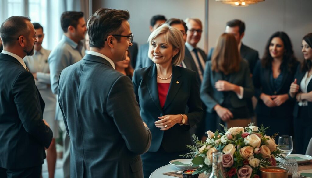 A sophisticated gathering to celebrate a retiree, showcasing a diverse group of people in professional business attire and modest casual clothing. In the foreground, a well-dressed man and woman engage in conversation, both wearing elegant suits and tasteful accessories, reflecting a sense of respect and warmth. The middle ground features a decorated table with tasteful floral arrangements and refreshments, creating a festive atmosphere. In the background, soft lighting casts a warm glow, enhancing the refined ambiance. Capture the scene with a shallow depth of field to focus on the interactions while blurring the background slightly. The overall mood should convey celebration, gratitude, and professionalism, suitable for a retirement farewell event.