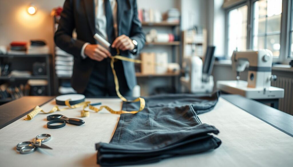 A step-by-step visual guide on how to shorten dress pants, featuring a well-lit sewing workspace. In the foreground, a pair of neatly folded dress pants laid out on a cutting mat, accompanied by essential tools like measuring tape, fabric scissors, and chalk for marking. In the middle, a skilled tailor in professional business attire carefully measuring the desired length of the pants with a flexible measuring tape. The background shows a softly blurred sewing machine and shelves with neatly arranged fabric spools, enhancing the workshop atmosphere. Ambient light from a large window casts gentle shadows, creating a focused yet inviting mood, suitable for instructional content. The image should be clean, educational, and devoid of any text or distractions. A step-by-step visual guide on how to shorten dress pants, featuring a well-lit sewing workspace. In the foreground, a pair of neatly folded dress pants laid out on a cutting mat, accompanied by essential tools like measuring tape, fabric scissors, and chalk for marking. In the middle, a skilled tailor in professional business attire carefully measuring the desired length of the pants with a flexible measuring tape. The background shows a softly blurred sewing machine and shelves with neatly arranged fabric spools, enhancing the workshop atmosphere. Ambient light from a large window casts gentle shadows, creating a focused yet inviting mood, suitable for instructional content. The image should be clean, educational, and devoid of any text or distractions.