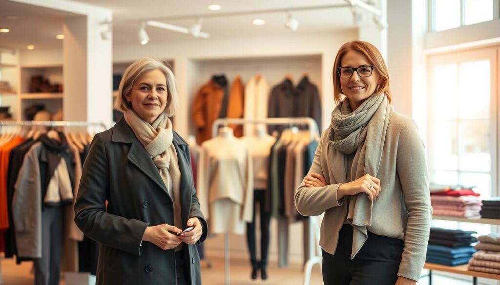 A stylish and approachable fashion consultant stands in a bright, modern clothing store filled with neatly arranged garments. In the foreground, the consultant, a middle-aged woman wearing smart casual attire, gestures towards a selection of coats, scarves, and accessories suitable for All Saints' Day. The middle ground features an elegant display of autumnal clothing, including sweaters and tailored pants, arranged thoughtfully on mannequins. In the background, soft natural light streams through large windows, illuminating the scene and creating a warm, inviting atmosphere. The overall mood conveys professionalism, warmth, and a sense of helpfulness, suggesting practical clothing choices for various occasions in a festive setting.