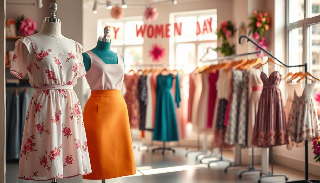 A stylish collection of dresses and skirts designed for International Women's Day, displayed in a vibrant boutique setting. In the foreground, a mannequin showcases a chic, flowing dress in soft pastel colors, adorned with floral patterns. Beside it, a knee-length, fitted skirt in a bold, eye-catching hue accentuates the fashion-forward theme. In the middle ground, neatly arranged racks feature an array of elegant attire, including lightweight fabrics and playful prints. The background is softly blurred, depicting cheerful decorations celebrating Women’s Day, such as flowers and cards. Natural light streams in through large shop windows, creating a warm and inviting atmosphere. The overall mood conveys inspiration, empowerment, and a sense of joy, perfect for making a lasting impression.