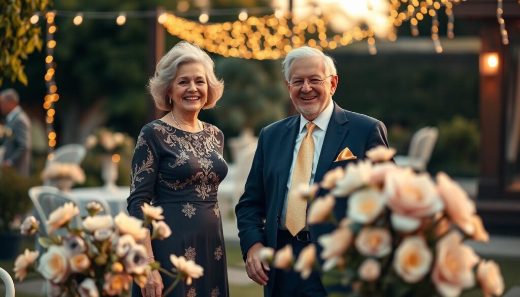 A stylish elderly couple celebrating their 50th wedding anniversary, smiling joyfully as they stand together in an elegant outdoor garden setting. The woman wears a classy, knee-length, gold-embellished dress while the man is dressed in a tailored navy suit with a crisp white shirt and a tasteful gold tie. In the foreground, delicate floral arrangements in soft pastels create a romantic ambiance, while twinkling fairy lights hang in the background, casting a warm glow. Soft bokeh effects enhance the dreamy atmosphere, and the scene is shot with a slightly blurred background to emphasize the couple's connection. The lighting is golden hour, giving a warm, inviting feel to the moment. A stylish elderly couple celebrating their 50th wedding anniversary, smiling joyfully as they stand together in an elegant outdoor garden setting. The woman wears a classy, knee-length, gold-embellished dress while the man is dressed in a tailored navy suit with a crisp white shirt and a tasteful gold tie. In the foreground, delicate floral arrangements in soft pastels create a romantic ambiance, while twinkling fairy lights hang in the background, casting a warm glow. Soft bokeh effects enhance the dreamy atmosphere, and the scene is shot with a slightly blurred background to emphasize the couple's connection. The lighting is golden hour, giving a warm, inviting feel to the moment.
