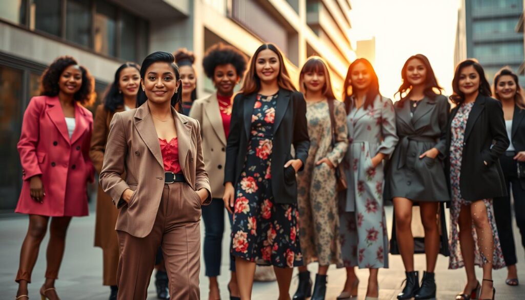A stylish group of diverse women of various ethnicities, showcasing trendy outfits suitable for International Women’s Day, standing confidently together. In the foreground, a woman in a chic, tailored blazer and high-waisted trousers, exuding professionalism and elegance. In the middle ground, a woman wearing a vibrant midi dress with floral patterns, complementing her look with fashionable ankle boots. The group is surrounded by an outdoor urban setting, softly lit by a warm, golden hour glow. The background features modern architecture, adding to the contemporary vibe. The mood is empowering and celebratory, highlighting unity and fashion-forward choices. Capture the scene from a slightly elevated angle to emphasize the outfits and expressions of confidence.