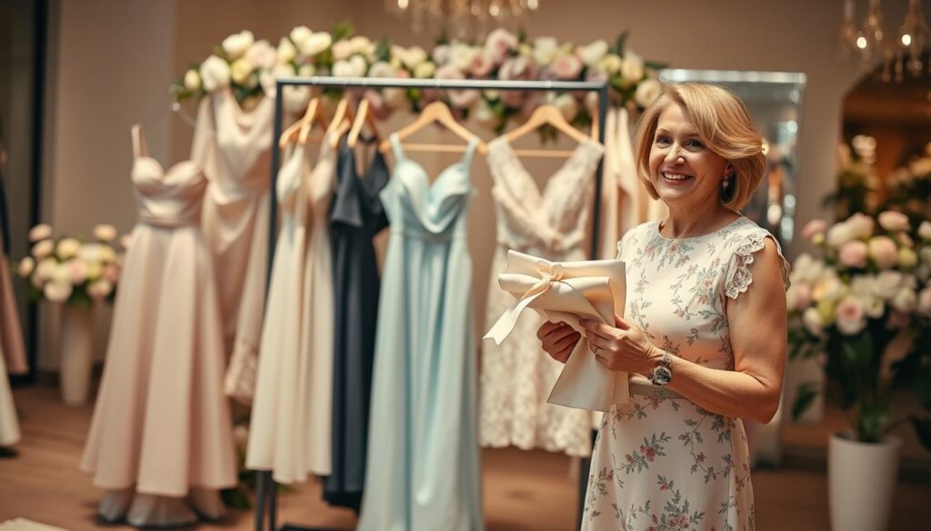 A stylish mother in a sophisticated setting, showcasing a selection of elegant dresses and tailored outfits suitable for a wedding. In the foreground, a medium-close shot of the mother, dressed in a chic dress in soft pastels or floral prints, smiling while holding different fabric swatches to match her outfit. The middle ground features a well-lit display of various dress styles: A-line, sheath, and knee-length, all crafted from luxurious materials like silk and lace, elegantly hung on a rack. The background includes a softly blurred bridal shop ambiance, with floral arrangements and soft, diffused lighting creating an inviting atmosphere. The overall mood is warm and celebratory, capturing the essence of preparing for a special family occasion.