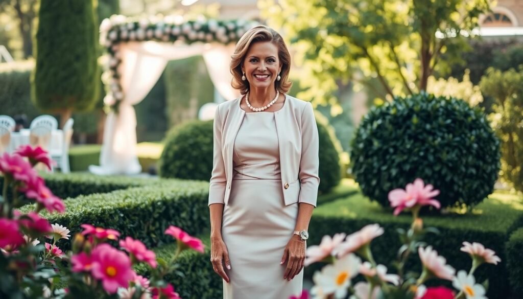 A stylish mother of the groom stands gracefully in an elegant garden setting, dressed in a sophisticated knee-length dress in soft pastel colors, complemented by a matching jacket. She wears tasteful accessories, including pearl earrings and a delicate bracelet. Her hair is elegantly styled, and her makeup is naturally radiant, exuding confidence and warmth. In the foreground, vibrant flowers bloom around her, while in the middle ground, well-manicured hedges and trees add lush greenery. The background captures a hint of an outdoor wedding setup, with a beautifully adorned arch and soft draping fabric. The scene is illuminated by gentle, diffused sunlight, creating a serene and joyful atmosphere. The angle is slightly elevated to emphasize her poise and the elegant surroundings, encapsulating the importance of a thoughtful wedding attire choice.