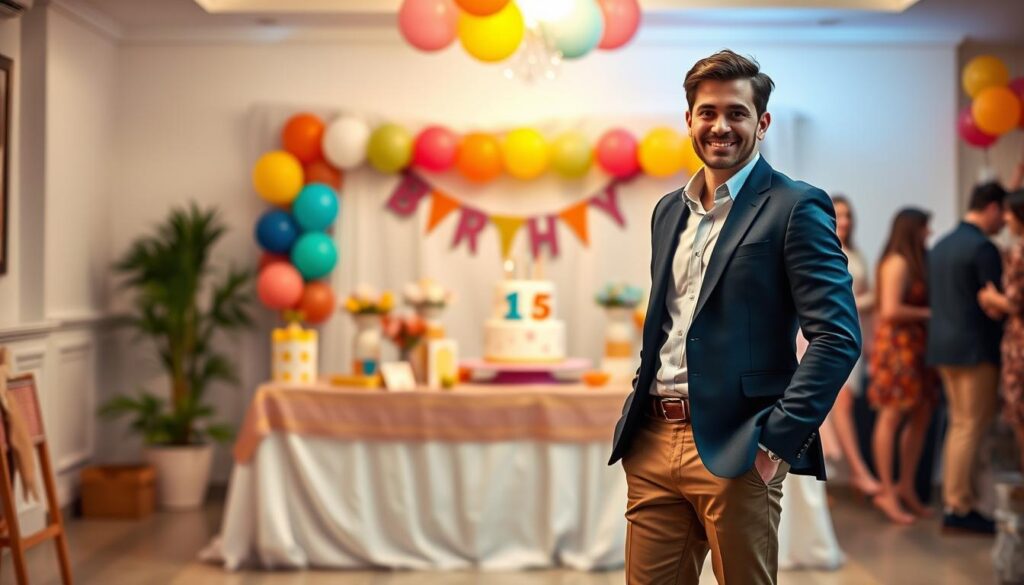A stylish smart casual birthday outfit for an adult who attends a child's first birthday celebration. In the foreground, a well-dressed individual, wearing tailored chinos and a smart blazer over a tucked-in shirt, stands confidently, smiling. The middle ground features a festive table adorned with colorful decorations, balloons, and a beautifully designed birthday cake. In the background, soft, warm lighting creates an inviting atmosphere, with hints of a decorated party space filled with joyful guests. The angle captures both the outfit details and the ambiance of celebration, evoking a cheerful, family-friendly vibe. The colors are bright yet tasteful, contributing to a sophisticated and fun mood reflective of an elegant gathering.