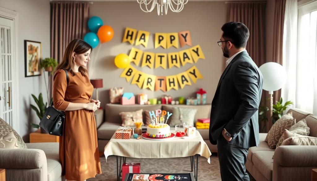 A stylish, well-dressed family gathered in a beautifully decorated living room for a child's first birthday party. In the foreground, a mother in a chic, modest dress and a father in smart-casual attire discuss outfit choices. In the middle, a table adorned with a birthday cake, colorful decorations, and presents sets the festive mood. The background features playful balloons and a banner saying "Happy Birthday," creating a warm and inviting atmosphere. Soft natural lighting filters through a window, enhancing the joyful ambiance. The scene captures the essence of dressing appropriately for a family gathering, showcasing the importance of matching your outfit to the occasion in an engaging and visually appealing way.