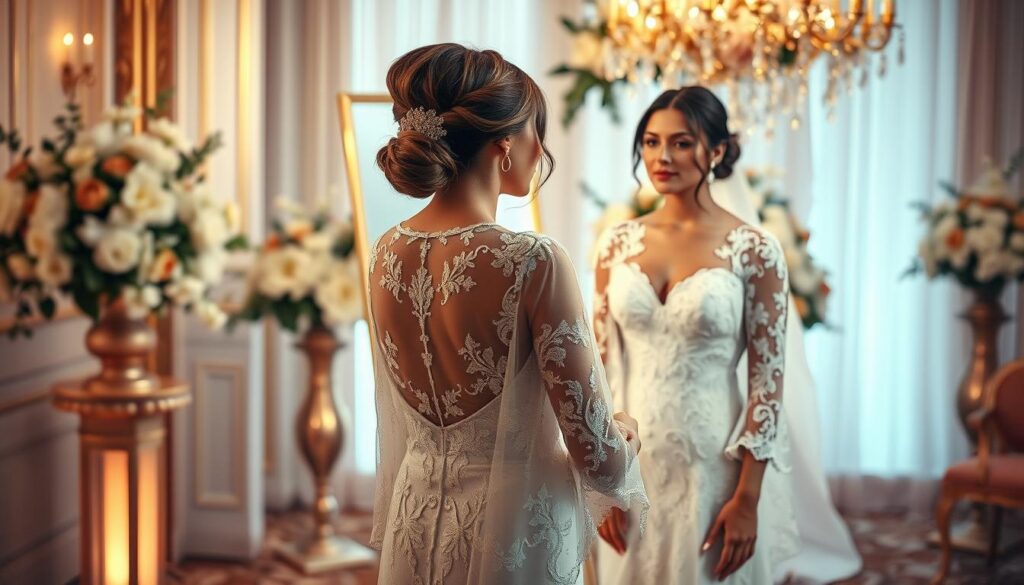 A stylish woman stands gracefully in a beautifully decorated venue, wearing an elegant wedding dress. She is trying on a sophisticated shawl that complements her dress. The foreground features intricate details of the shawl's fabric, showcasing lace and delicate embroidery. In the middle, the woman looks in a full-length mirror, her expression is thoughtful as she assesses how the shawl enhances her bridal look. The background is softly blurred, featuring elegant floral arrangements and soft lighting that creates a dreamy atmosphere. Use warm, inviting tones to convey a celebratory mood. Capture the scene from a slightly elevated angle to give a sense of depth and focus on the attire selection.