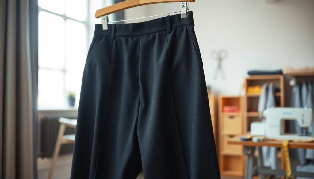 A tailored pair of dark formal trousers hanging from a wooden hanger in a well-lit room, surrounded by measuring tape and fabric scissors. The trousers, fitted and impeccably pressed, show the precise hemline, emphasizing their length and craftsmanship. In the background, a neatly organized workspace is visible, featuring a rolled-up fabric swatch and a sewing machine, hinting at the alteration process. Soft natural light illuminates the scene, creating a professional yet inviting atmosphere. A shallow depth of field draws attention to the trousers in the foreground, evoking a sense of careful attention to detail and style. The overall mood is focused and educational, perfect for introducing the topic of tailoring dress pants. A tailored pair of dark formal trousers hanging from a wooden hanger in a well-lit room, surrounded by measuring tape and fabric scissors. The trousers, fitted and impeccably pressed, show the precise hemline, emphasizing their length and craftsmanship. In the background, a neatly organized workspace is visible, featuring a rolled-up fabric swatch and a sewing machine, hinting at the alteration process. Soft natural light illuminates the scene, creating a professional yet inviting atmosphere. A shallow depth of field draws attention to the trousers in the foreground, evoking a sense of careful attention to detail and style. The overall mood is focused and educational, perfect for introducing the topic of tailoring dress pants.