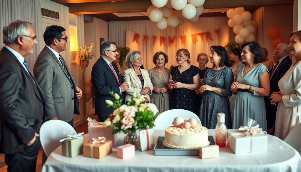 A tasteful scene depicting a retirement farewell gathering. In the foreground, a diverse group of well-dressed individuals stands in conversation. Men wear tailored suits in subtle colors, while women showcase elegant dresses and chic blouses, reflecting a smart casual style. The middle-ground features a beautifully arranged table with flowers, retirement gifts, and a cake, creating a celebratory atmosphere. In the background, soft, warm lighting highlights a decorated space with balloons and banners, infused with a feeling of joy and nostalgia. The overall mood is festive yet respectful, captured from a slight high angle to convey the importance of the occasion, making it a memorable tribute to the retiree.
