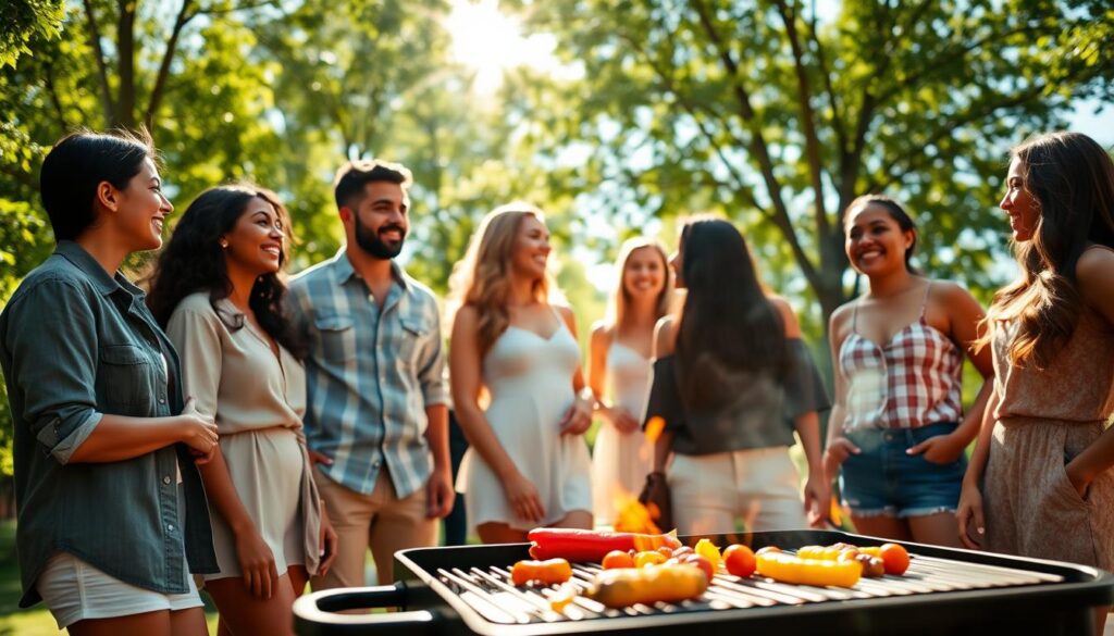 A vibrant outdoor grilled gathering scene showcasing people dressed appropriately for a barbecue. In the foreground, focus on a group of friends, diverse in ethnicity, wearing a mix of stylish yet casual attire—lightweight shirts, fitted sundresses, and comfortable shorts. They are engaged in lively conversation, set against a backdrop of green trees and a bright blue sky. In the middle ground, there’s a BBQ grill with delicious food sizzling over the flames, adding warmth to the scene. Soft, natural lighting enhances the joyful atmosphere, with rays of sunlight filtering through the leaves. The lens captures a slight depth of field, blurring the background slightly for emphasis on the people and grill, evoking a relaxed, cheerful mood perfect for a summer gathering.