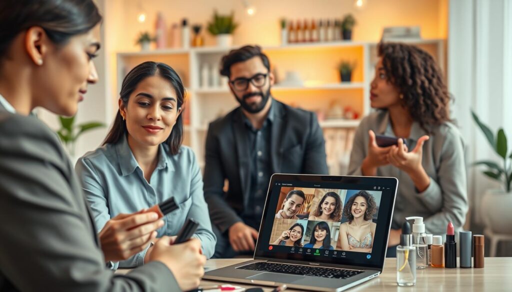 A vibrant scene depicting a group of diverse individuals engaged in a discussion about cosmetic products, showcasing a mix of user perspectives and influencer opinions. In the foreground, a woman in professional attire examines a makeup product with a thoughtful expression, while a man with glasses shares his insights, gesturing with enthusiasm. In the middle ground, a laptop displays a video call with influencers sharing their honest reviews, highlighting their vibrant personalities. The background features a cozy, well-lit room decorated with beauty products on shelves. Soft, warm lighting enhances the inviting atmosphere, and a slight bokeh effect blurs the background to keep the focus on the conversation. The overall mood conveys professionalism and curiosity in the safety and effectiveness of cosmetics.
