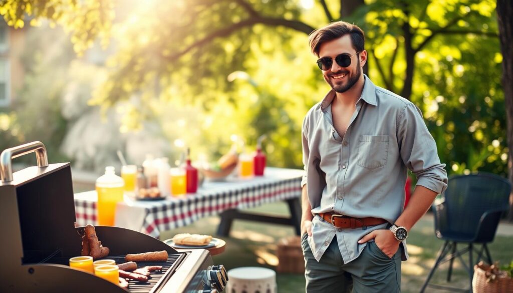 A vibrant summer barbecue scene featuring a stylish individual selecting their grill outfit. In the foreground, the person stands confidently next to a well-prepared grill, wearing a comfortable yet fashionable casual outfit, such as a tailored shirt and chic shorts, accessorized with sunglasses. The middle layer shows a picnic table adorned with colorful dishes and drinks, indicating a festive gathering. The background features lush greenery and soft sunlight filtering through trees, creating a warm and inviting atmosphere. The image captures a moment of excitement and decision-making in style, with soft focus on the background to enhance the main subject. The lighting is bright and cheerful, evoking a carefree summer vibe.