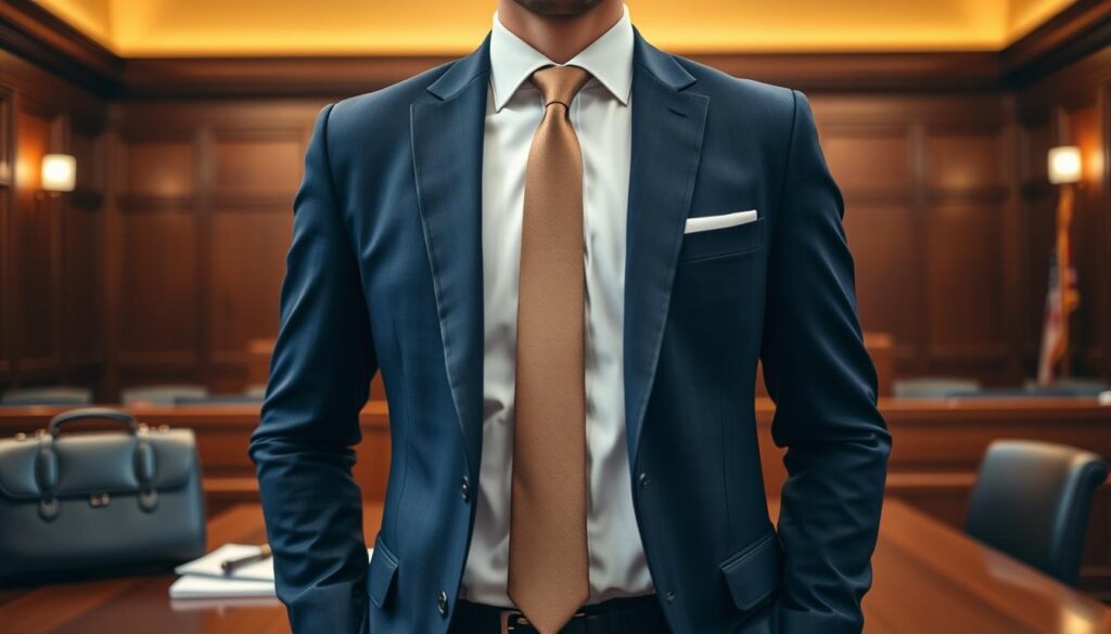 A well-dressed individual standing confidently in a courthouse setting, showcasing practical dressing tips for court appearances. In the foreground, the person is wearing a tailored navy blue suit, paired with a crisp white dress shirt and conservative tie, embodying professionalism. The middle ground features a stylish briefcase on one side, a visible gavel and legal documents on a nearby table, suggesting a courtroom atmosphere. The background reveals elegant wood-panelled walls and soft golden lighting, giving a serious yet approachable mood. The angle captures both the individual and the courtroom decor, emphasizing the importance of proper attire in legal settings. The image is composed with a balanced perspective, ensuring clarity and focus on the subject's attire and confidence.
