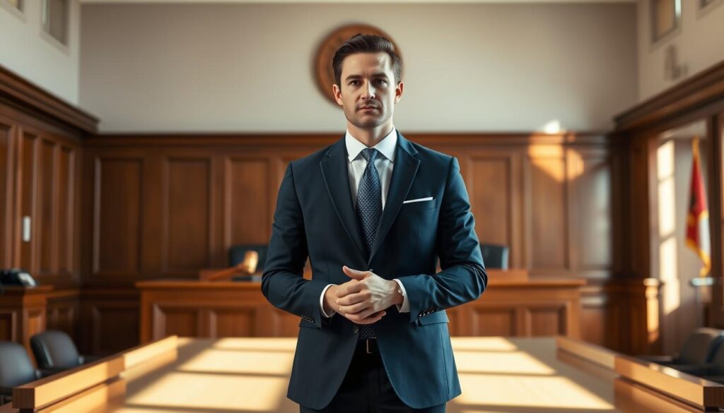 A well-dressed man in a courtroom setting, standing confidently in front of a judge's bench. He wears a tailored navy blue suit with a crisp white shirt and a conservative tie, reflecting professionalism and seriousness. His posture is upright, exuding confidence and respect for the court. In the middle ground, the courtroom features wooden paneling, a gavel on a desk, and law books on shelves, adding to the authoritative ambiance. The background includes a subtle, elegant courtroom setting with soft, natural lighting coming from large windows, casting gentle shadows. The overall atmosphere conveys a sense of dignity and decorum suitable for a court appearance. The image should be devoid of any text, capturing the essence of proper men's attire for court.