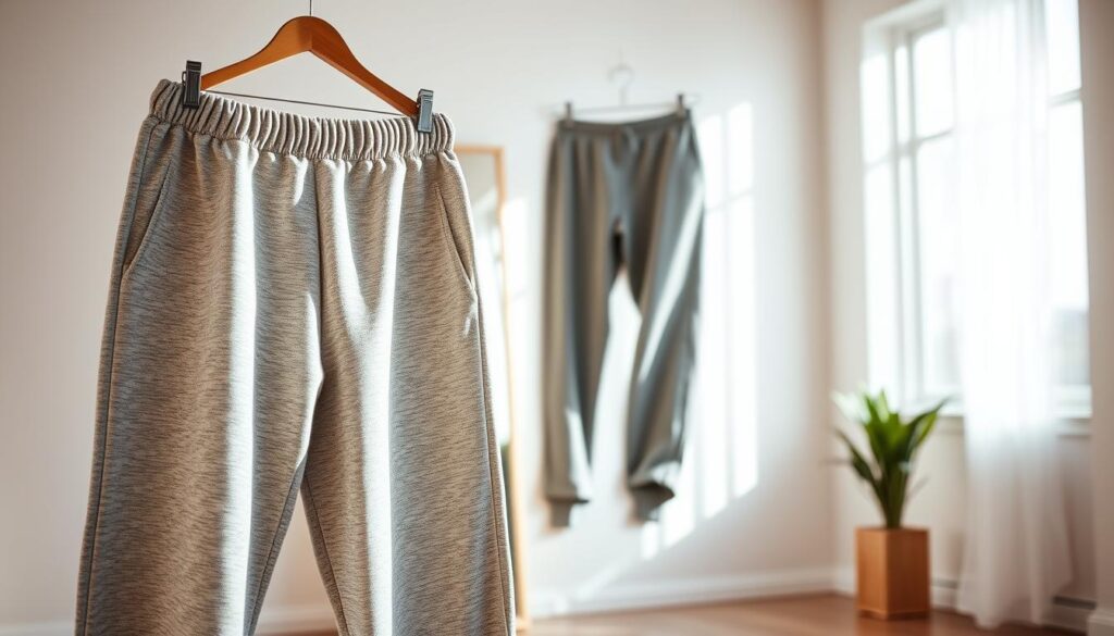 A well-fitted pair of jogging pants displayed in a bright, airy room with natural lighting streaming through a large window. In the foreground, the jogging pants are neatly hung on a wooden hanger, showcasing their proper length just above the ankle. The texture of the fabric is soft and inviting, with a subtle blend of colors. In the middle background, a clear mirror reflects the jogger's silhouette, illustrating the importance of the right pant length for optimal comfort and style. The atmosphere is casual yet stylish, evoking a sense of motivation and readiness for physical activity. The image captures a warm, uplifting mood, inspiring readers to enhance their wardrobe. A well-fitted pair of jogging pants displayed in a bright, airy room with natural lighting streaming through a large window. In the foreground, the jogging pants are neatly hung on a wooden hanger, showcasing their proper length just above the ankle. The texture of the fabric is soft and inviting, with a subtle blend of colors. In the middle background, a clear mirror reflects the jogger's silhouette, illustrating the importance of the right pant length for optimal comfort and style. The atmosphere is casual yet stylish, evoking a sense of motivation and readiness for physical activity. The image captures a warm, uplifting mood, inspiring readers to enhance their wardrobe.