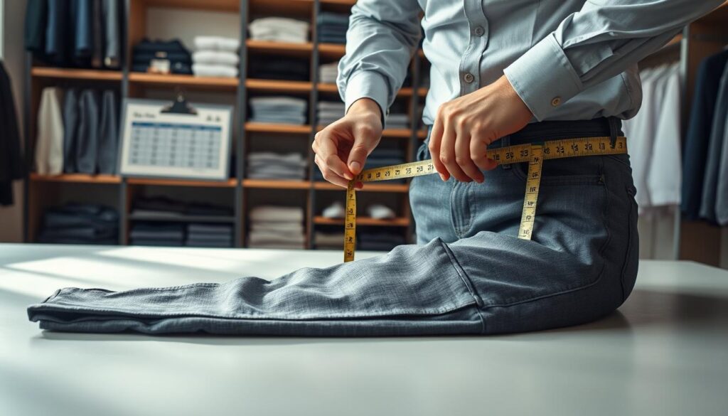 A well-lit interior scene depicting a person measuring the waist height of trousers, illustrating the process step by step. In the foreground, a close-up view shows a tape measure held against the waistband of a pair of neatly folded pants laid on a flat surface. The person's hands are visible, wearing professional attire, demonstrating precise measurement techniques. In the middle ground, a measuring chart or guide is subtly included, providing context without distraction. The background features shelves with neatly organized clothing and measuring tools, creating a clean, informative, and tidy atmosphere. Soft natural lighting filters in from a nearby window, highlighting the textures of the fabric and the accuracy of the measurement process. The overall mood is professional and instructional, suitable for an informative article.