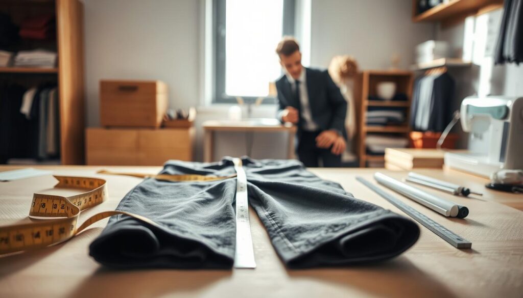 A well-lit workspace featuring a professional individual dressed in smart casual attire, preparing to measure a pair of trousers. In the foreground, the person is focused on laying the trousers flat on a measurement table, surrounded by essential tools such as a measuring tape, ruler, and fabric chalk. The middle ground highlights the trousers' waistband area, showcasing the measurement process, while the background is softly blurred, revealing neatly organized sewing tools and fabric swatches. Natural light streams through a window, casting gentle shadows, creating an atmosphere of accuracy and professionalism. The composition is from a slightly elevated angle to capture both the subject and tools in context, evoking a sense of methodical preparation.