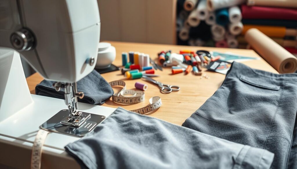 A well-organized sewing workspace featuring essential tools for tailoring trousers. In the foreground, a sewing machine with bright, natural lighting highlighting its metallic components. A pair of neatly folded dress pants are draped beside the machine, with measuring tape and tailor's chalk nearby. In the middle, a wooden table cluttered with scissors, spools of thread in various colors, and a pin cushion, all arranged thoughtfully for easy access. The background includes a neatly hung fabric swatch and rolls of fabric ready for alteration. The overall atmosphere is focused and creative, evoking a sense of preparation and professionalism, suitable for a sewing project. The angle captures the tools in a slightly overhead view, emphasizing the craftsmanship involved in tailoring. A well-organized sewing workspace featuring essential tools for tailoring trousers. In the foreground, a sewing machine with bright, natural lighting highlighting its metallic components. A pair of neatly folded dress pants are draped beside the machine, with measuring tape and tailor's chalk nearby. In the middle, a wooden table cluttered with scissors, spools of thread in various colors, and a pin cushion, all arranged thoughtfully for easy access. The background includes a neatly hung fabric swatch and rolls of fabric ready for alteration. The overall atmosphere is focused and creative, evoking a sense of preparation and professionalism, suitable for a sewing project. The angle captures the tools in a slightly overhead view, emphasizing the craftsmanship involved in tailoring.