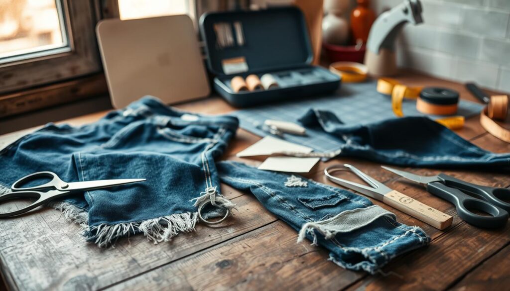 A well-organized workspace featuring essential tools for fraying jeans. In the foreground, display a pair of denim jeans with artistic distressing, showcasing frayed edges. Next to them, arrange tools such as sharp fabric scissors, a seam ripper, sandpaper, and a pair of tweezers on a rustic wooden table. In the middle background, include an open sewing kit containing thread and needles, alongside a cutting mat and a measuring tape, all illuminated by soft, natural light from a nearby window. The atmosphere should feel creative and inviting, reflecting an enthusiastic DIY spirit. Capture this scene in a warm, slightly blurred focus to enhance the sense of craft and artistry.