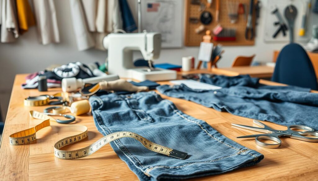 A well-organized workspace showing a wooden table cluttered with sewing tools for repairing trousers. In the foreground, there are a pair of blue jeans laid flat, accompanied by a measuring tape, scissors, a spool of thread, and various sewing needles arranged neatly. In the middle ground, a sewing machine stands prominently, with some fabric remnants and a pattern guide partially visible. The background features a wall adorned with hanging fabric swatches and a pegboard displaying additional tools like pins and a rotary cutter. Soft, natural lighting illuminates the scene, creating an inviting and productive atmosphere, while the focus is sharp on the foreground items, leading to a slightly blurred background for depth. A well-organized workspace showing a wooden table cluttered with sewing tools for repairing trousers. In the foreground, there are a pair of blue jeans laid flat, accompanied by a measuring tape, scissors, a spool of thread, and various sewing needles arranged neatly. In the middle ground, a sewing machine stands prominently, with some fabric remnants and a pattern guide partially visible. The background features a wall adorned with hanging fabric swatches and a pegboard displaying additional tools like pins and a rotary cutter. Soft, natural lighting illuminates the scene, creating an inviting and productive atmosphere, while the focus is sharp on the foreground items, leading to a slightly blurred background for depth.