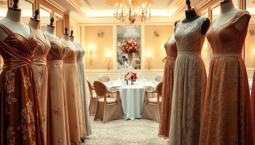 An elegant and sophisticated scene showcasing dresses suitable for a 50th wedding anniversary celebration, specifically designed for mature women. In the foreground, a selection of exquisite dresses in rich, luxurious fabrics like silk and lace, featuring floral patterns and golden accents, displayed on mannequins or elegantly hung. The middle section features a beautifully set dining table with fine china, candles, and floral centerpieces, suggesting a festive atmosphere. In the background, soft, warm lighting casts a golden hue, enhancing the celebratory mood. The scene is captured from a slight angle, providing depth and inviting the viewer into the elegant setting. Overall, the image embodies a sense of celebration, love, and timeless style, perfect for such a significant milestone. An elegant and sophisticated scene showcasing dresses suitable for a 50th wedding anniversary celebration, specifically designed for mature women. In the foreground, a selection of exquisite dresses in rich, luxurious fabrics like silk and lace, featuring floral patterns and golden accents, displayed on mannequins or elegantly hung. The middle section features a beautifully set dining table with fine china, candles, and floral centerpieces, suggesting a festive atmosphere. In the background, soft, warm lighting casts a golden hue, enhancing the celebratory mood. The scene is captured from a slight angle, providing depth and inviting the viewer into the elegant setting. Overall, the image embodies a sense of celebration, love, and timeless style, perfect for such a significant milestone.